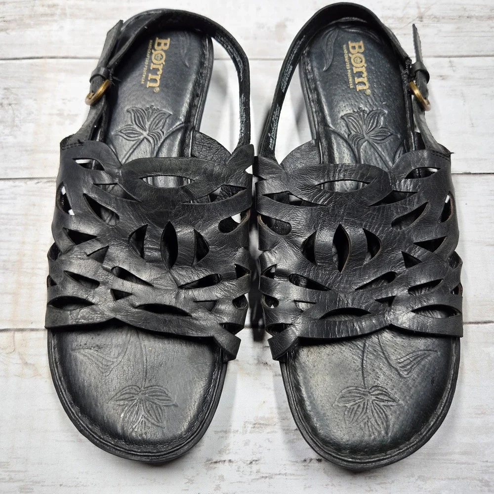 Born Slingback Flat Sandals Women 9M‎ Black Leather Cutout D20403 CQB14